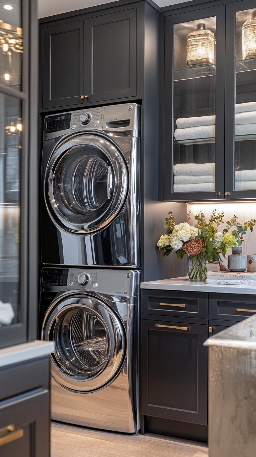 13. Glass-front cabinets above chrome front-loading washers - photo 2