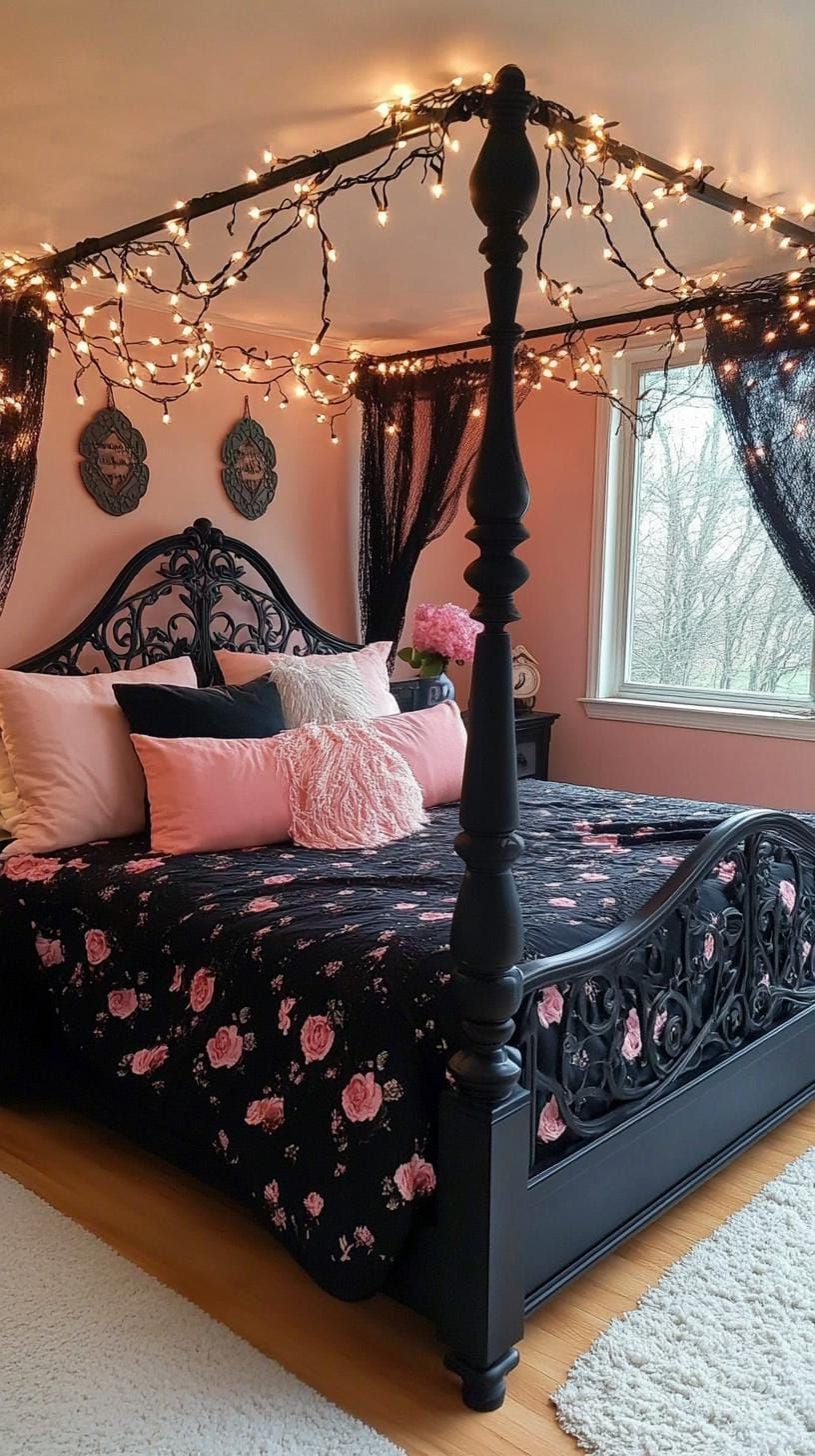 11. Iron Bed With String Lights And Dark Floral Bedspread - photo 3