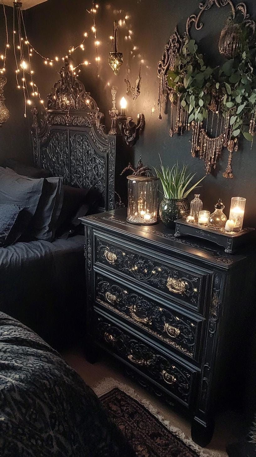 19. Carved Gold-Inlay Nightstands With Terrariums And Vintage Glass - photo 3