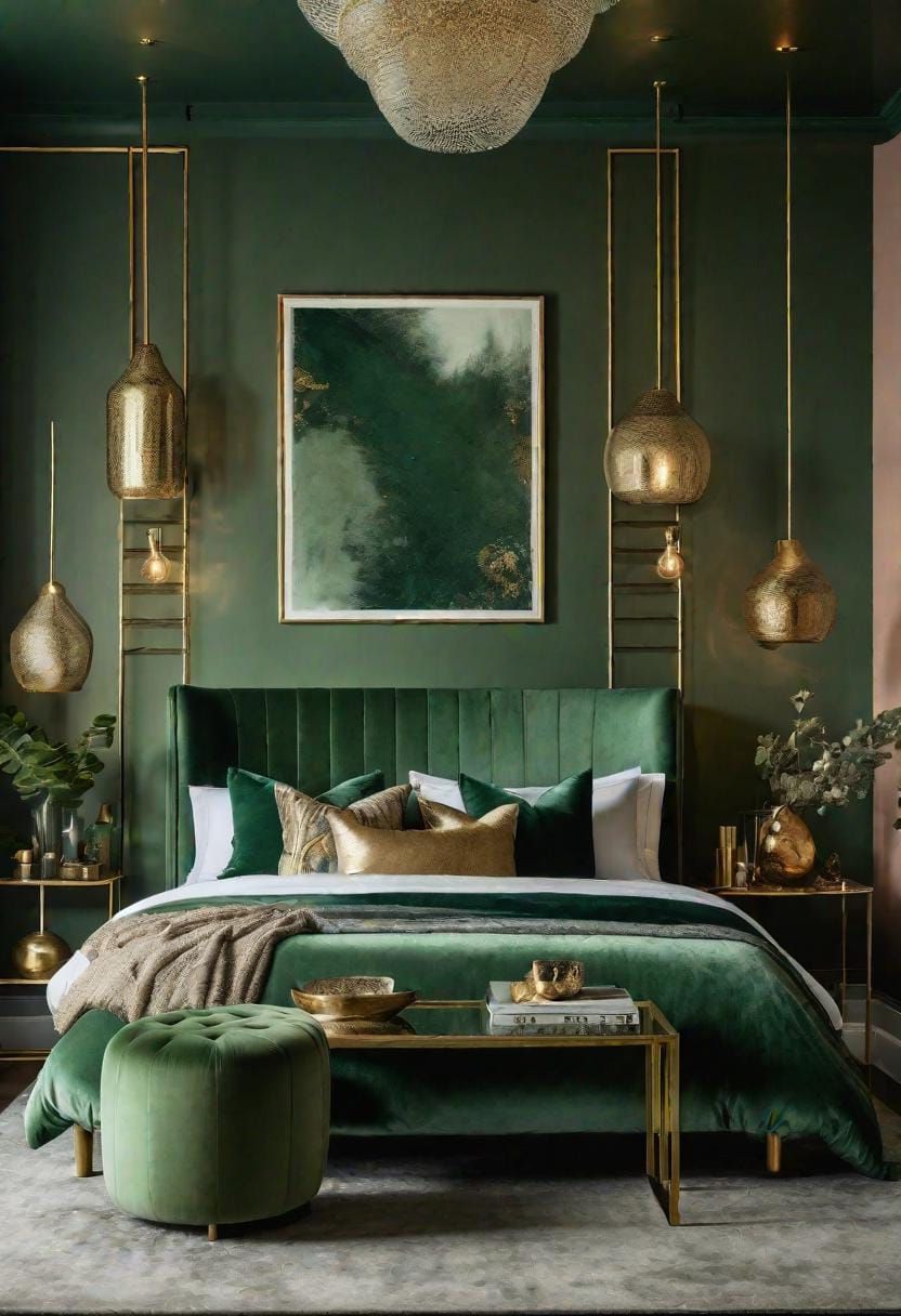 23. Eclectic Bedroom Pairing Sage Green with Metallic Accents - photo 3