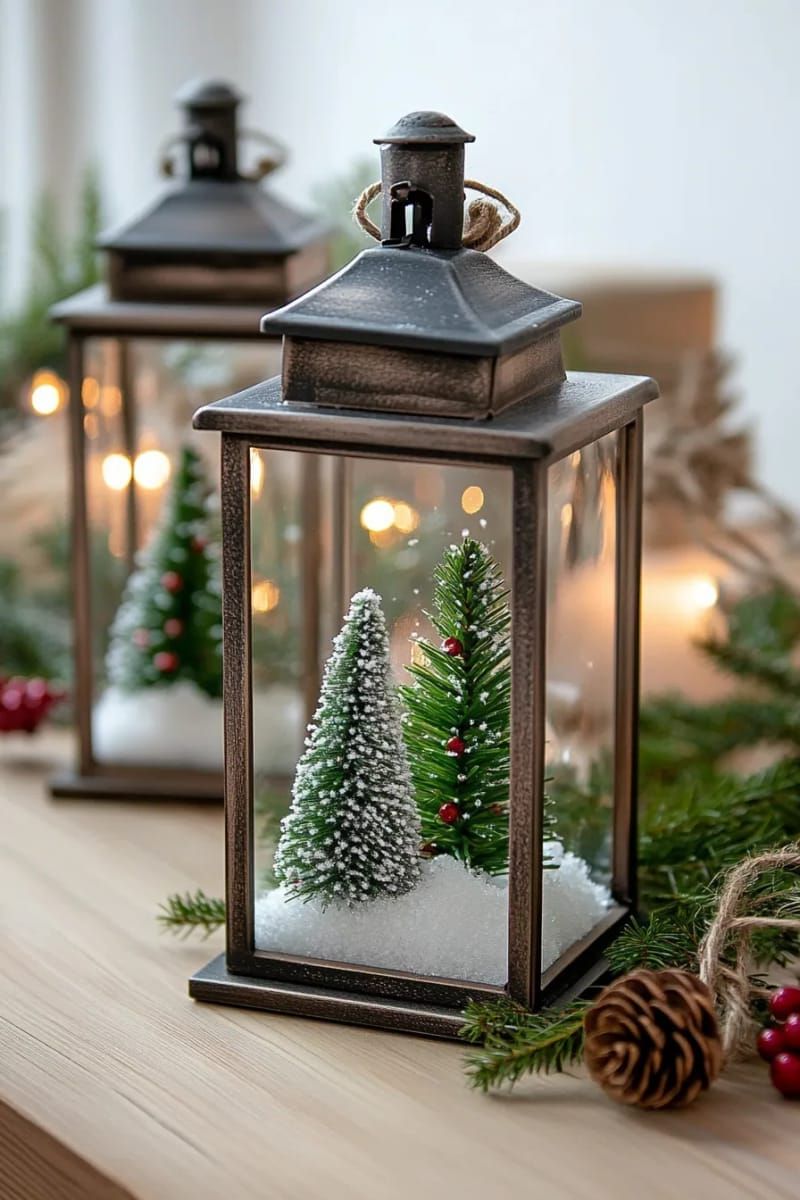 11. Rustic lanterns with mini pine trees and fake snow