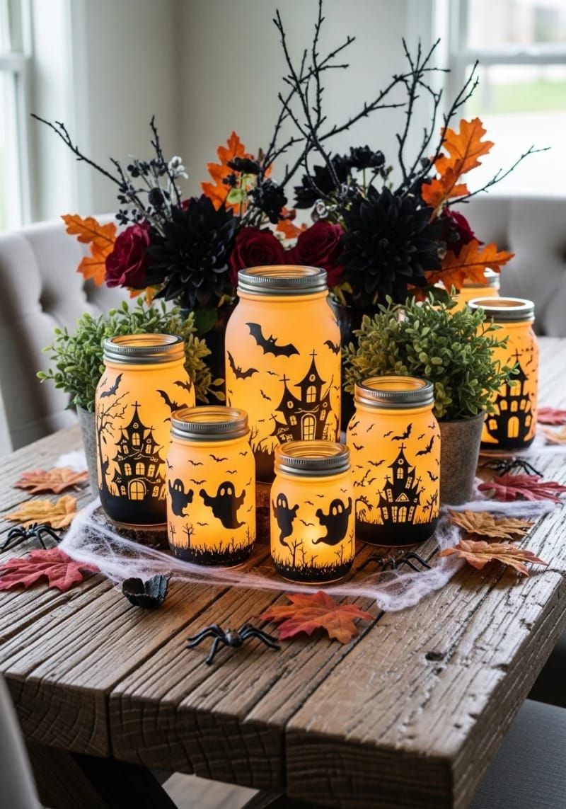 14. Painted Mason Jar Lanterns with Ghost Scenes