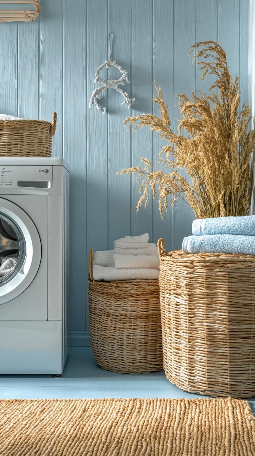 14. Coastal laundry room with pale blue beadboard walls