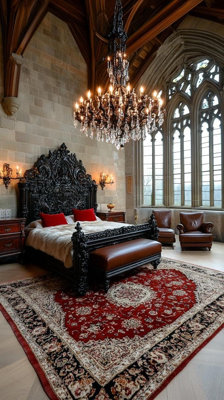 5. Crystal Chandelier Over A Dark Wood And Iron Bed - photo 2