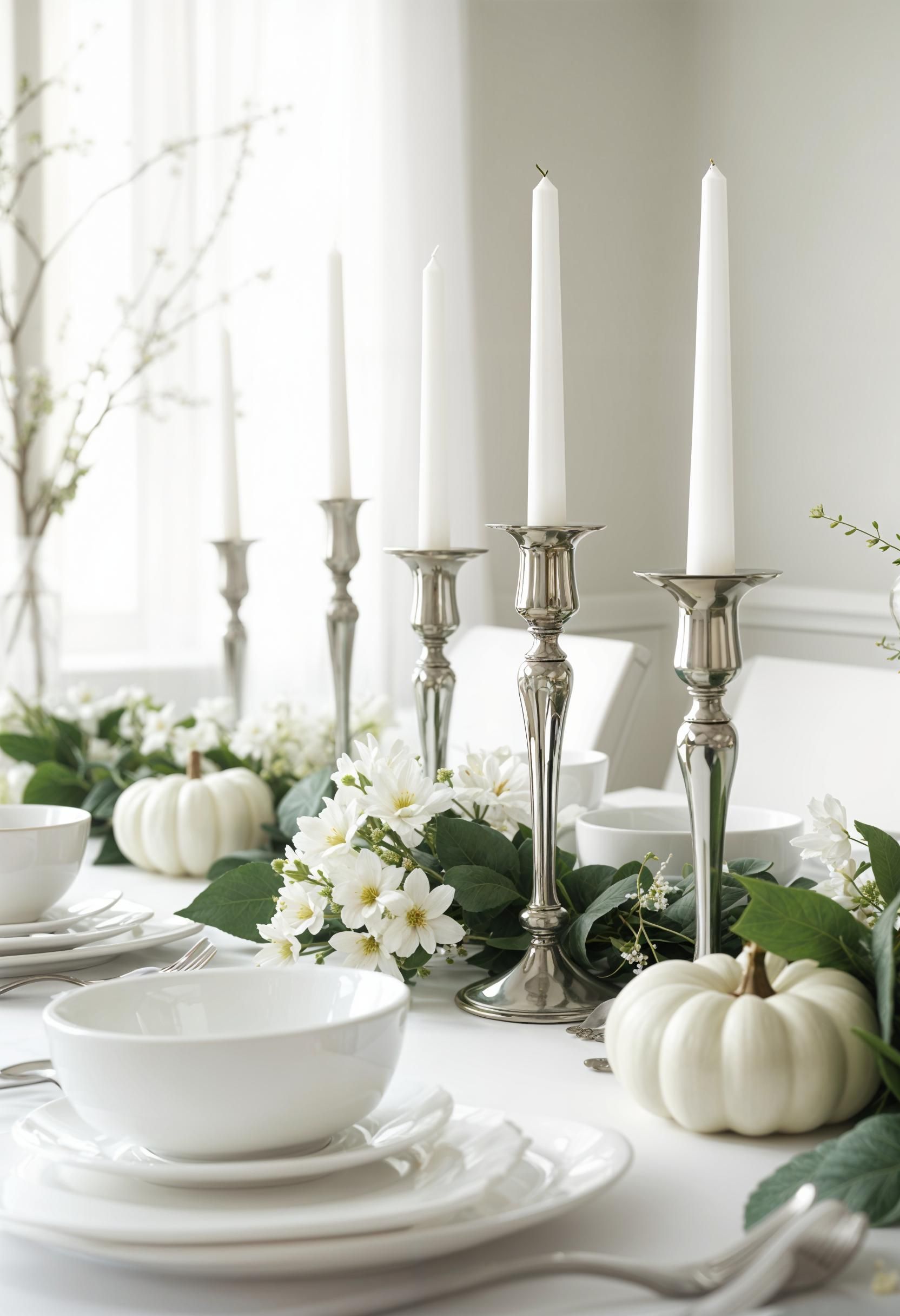 12. White-on-White Table With Silver Candlesticks and Greenery - photo 2