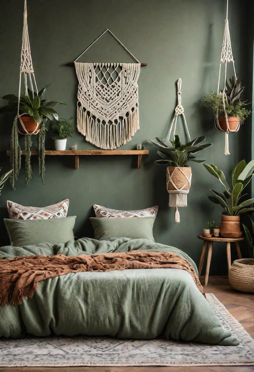 2. Boho-Style Sage Green Bedroom