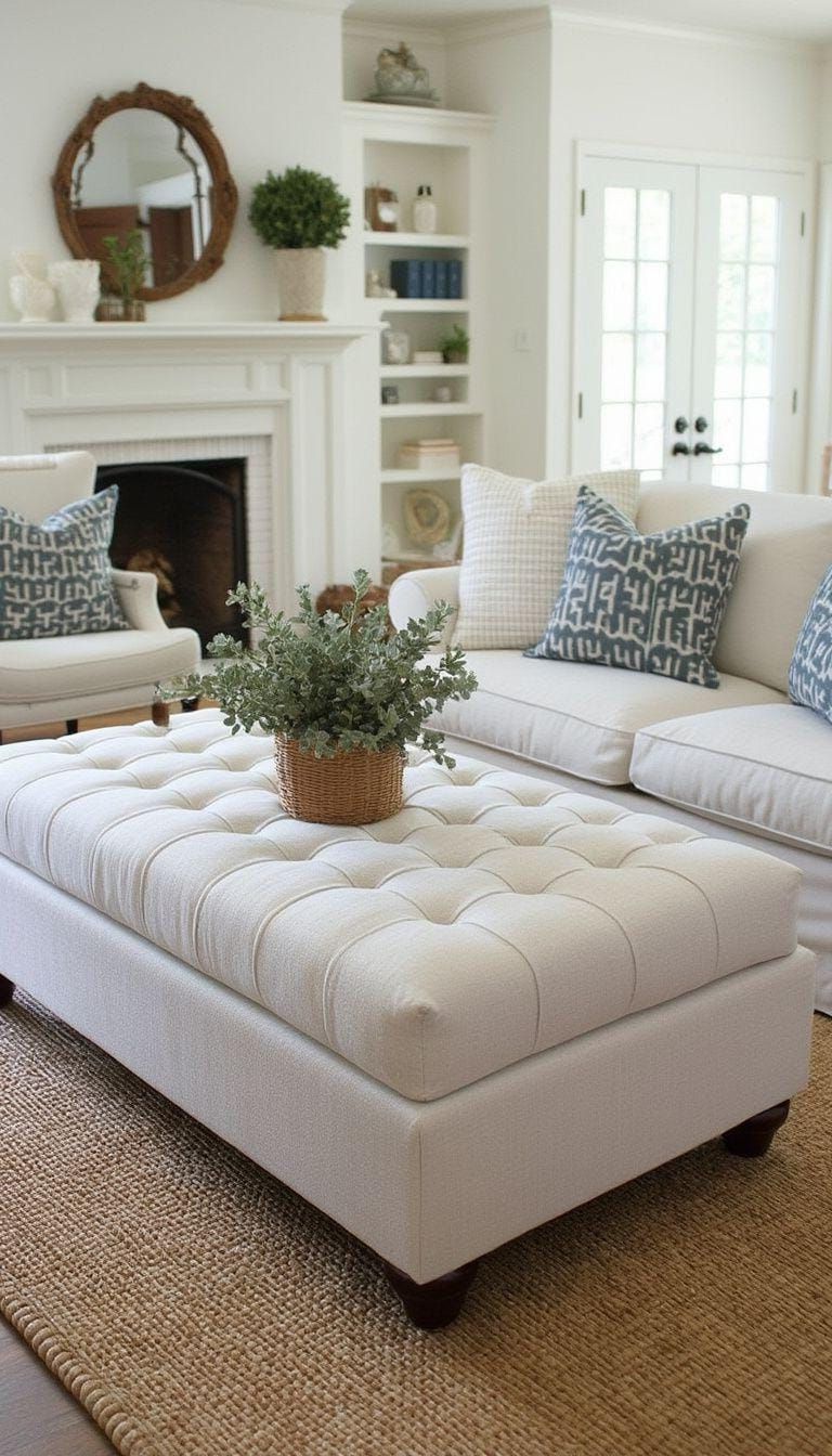 19. Tufted Linen Ottoman as Table and Seat