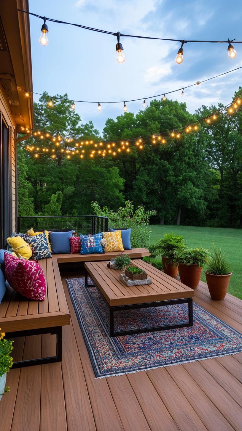 18. Wood Deck Patio Lit with String Lights