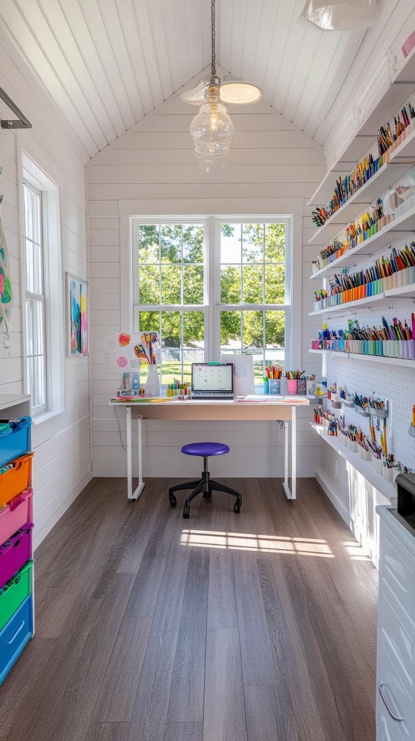 2. Sunny Crafting Shed with Pastel Pegboard Storage