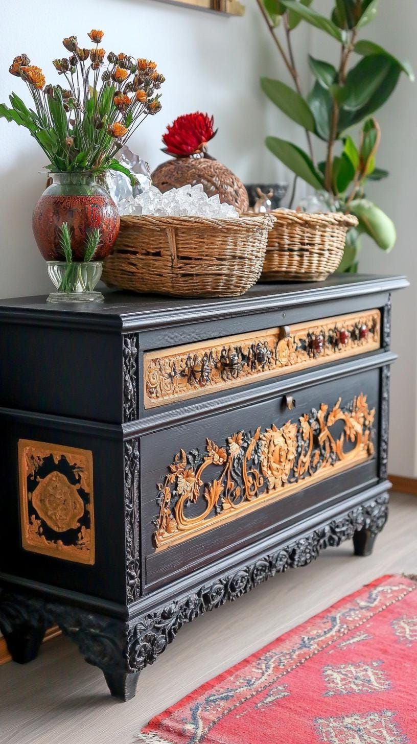 7. Carved Vintage Dresser Topped With Crystals And Baskets - photo 2