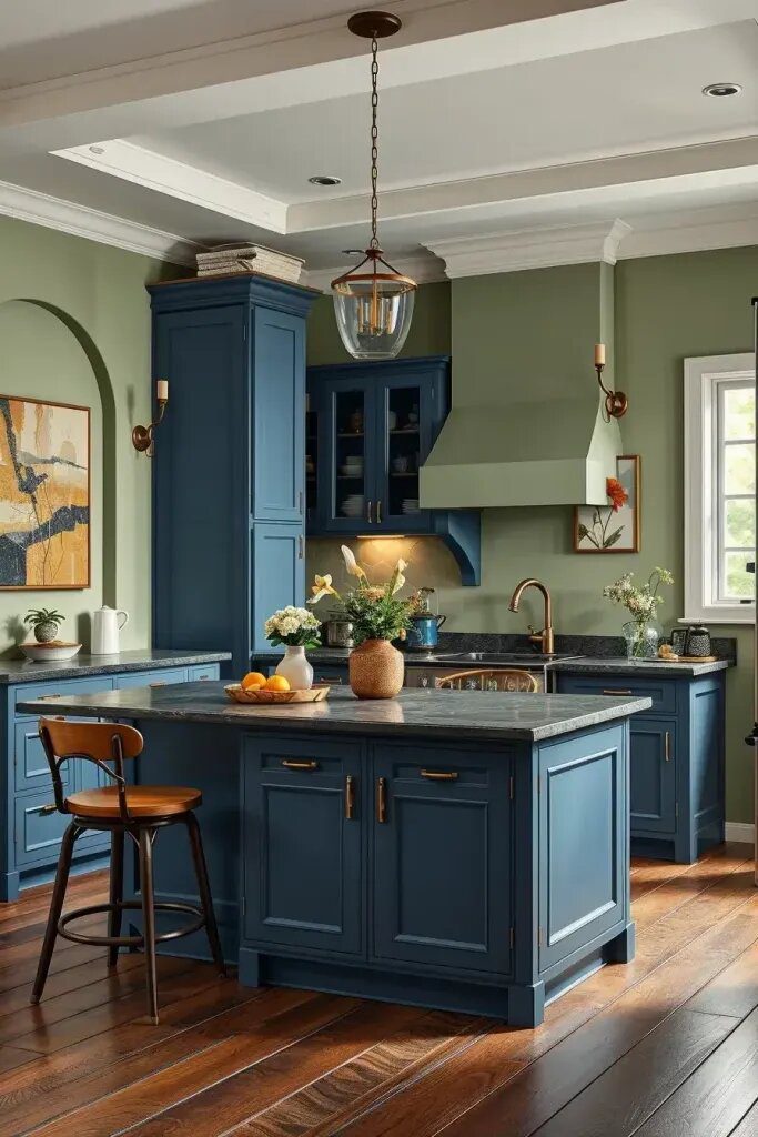 Sage Walls Paired with Blue Furniture