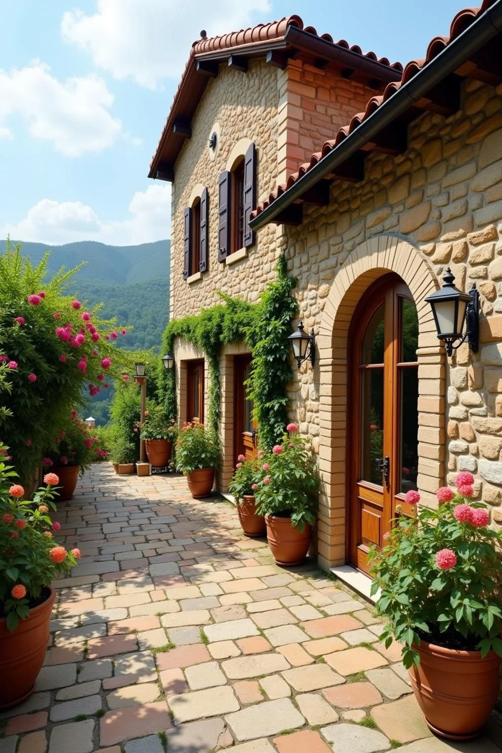 Stone Terrace Framed by Flowers