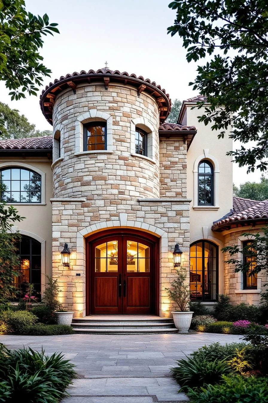 Round Brick Facade with Wooden Accents