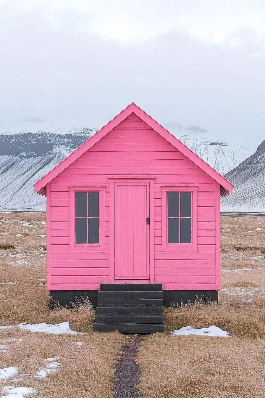 A Pastel Pink Cabin in the Frost