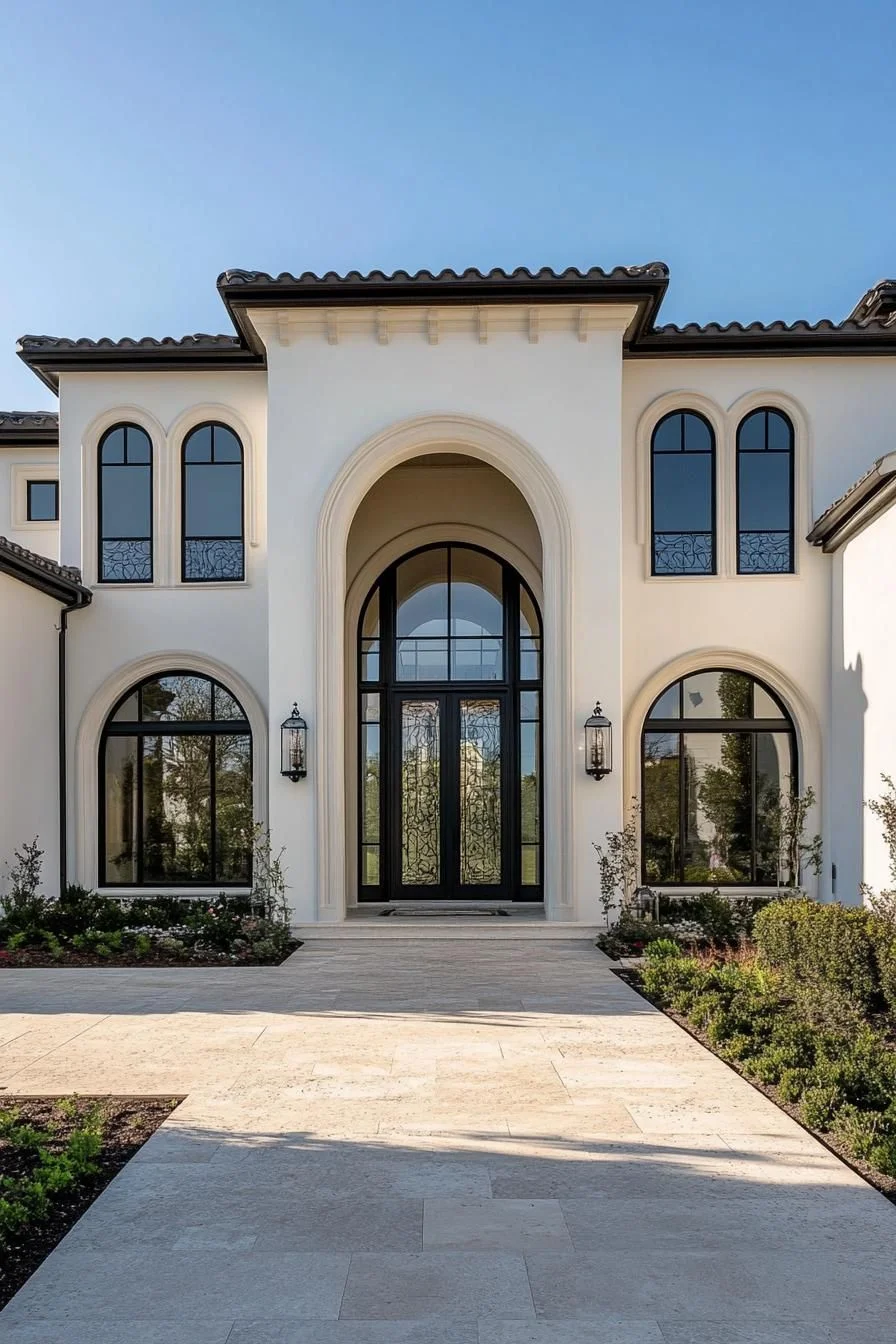 White Stone Home With Arched Design