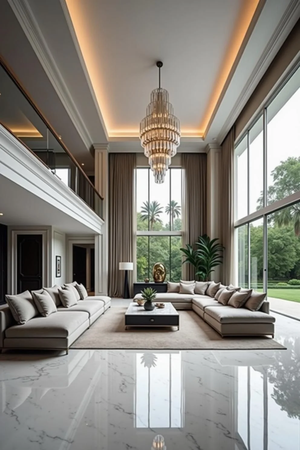 High-Ceiling Lounge with Statement Lighting