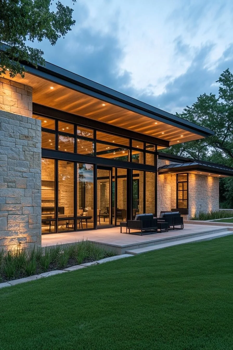 A Glass-Front Home Glowing at Twilight