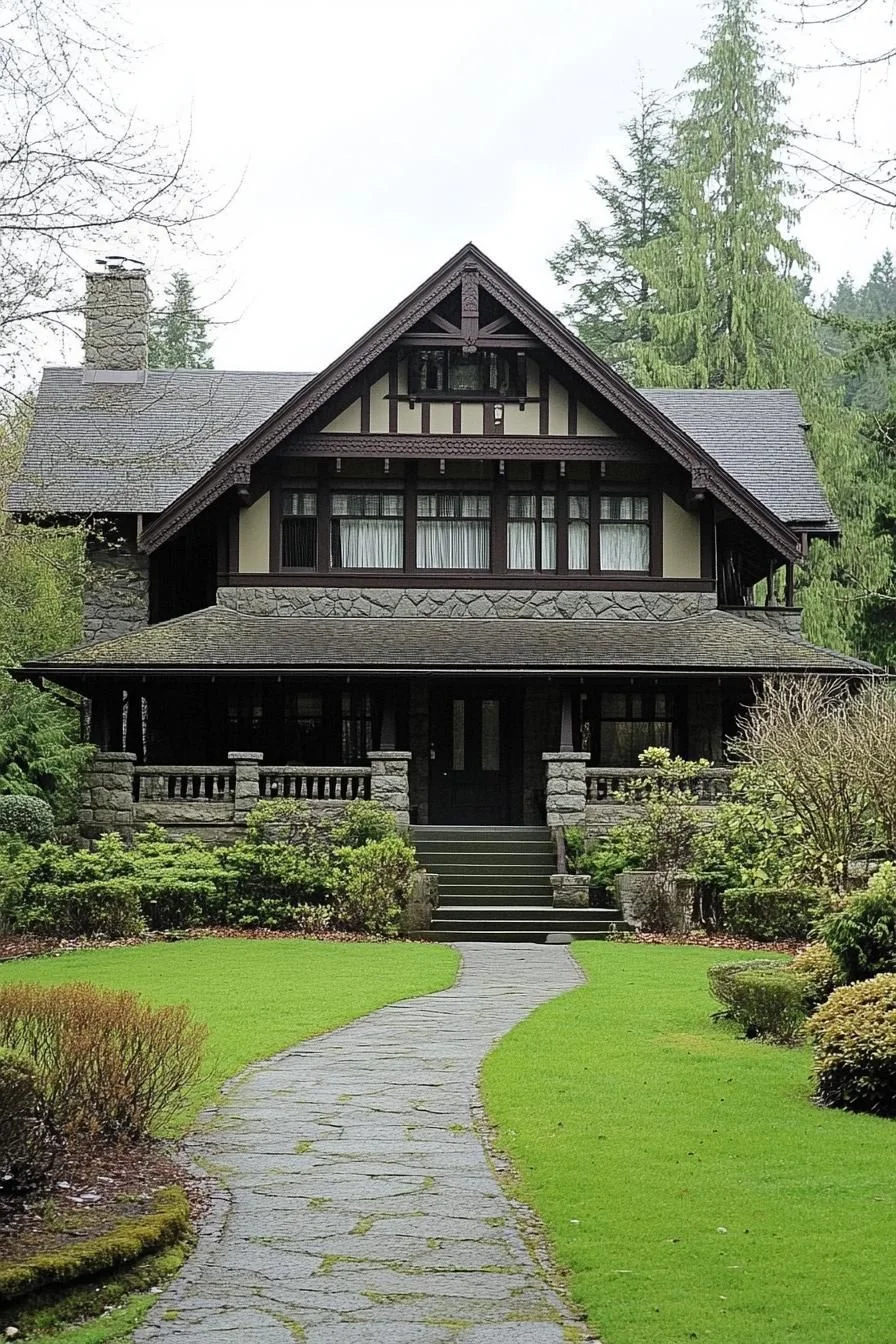 A Tudor-Style Farmhouse with a Stone Path