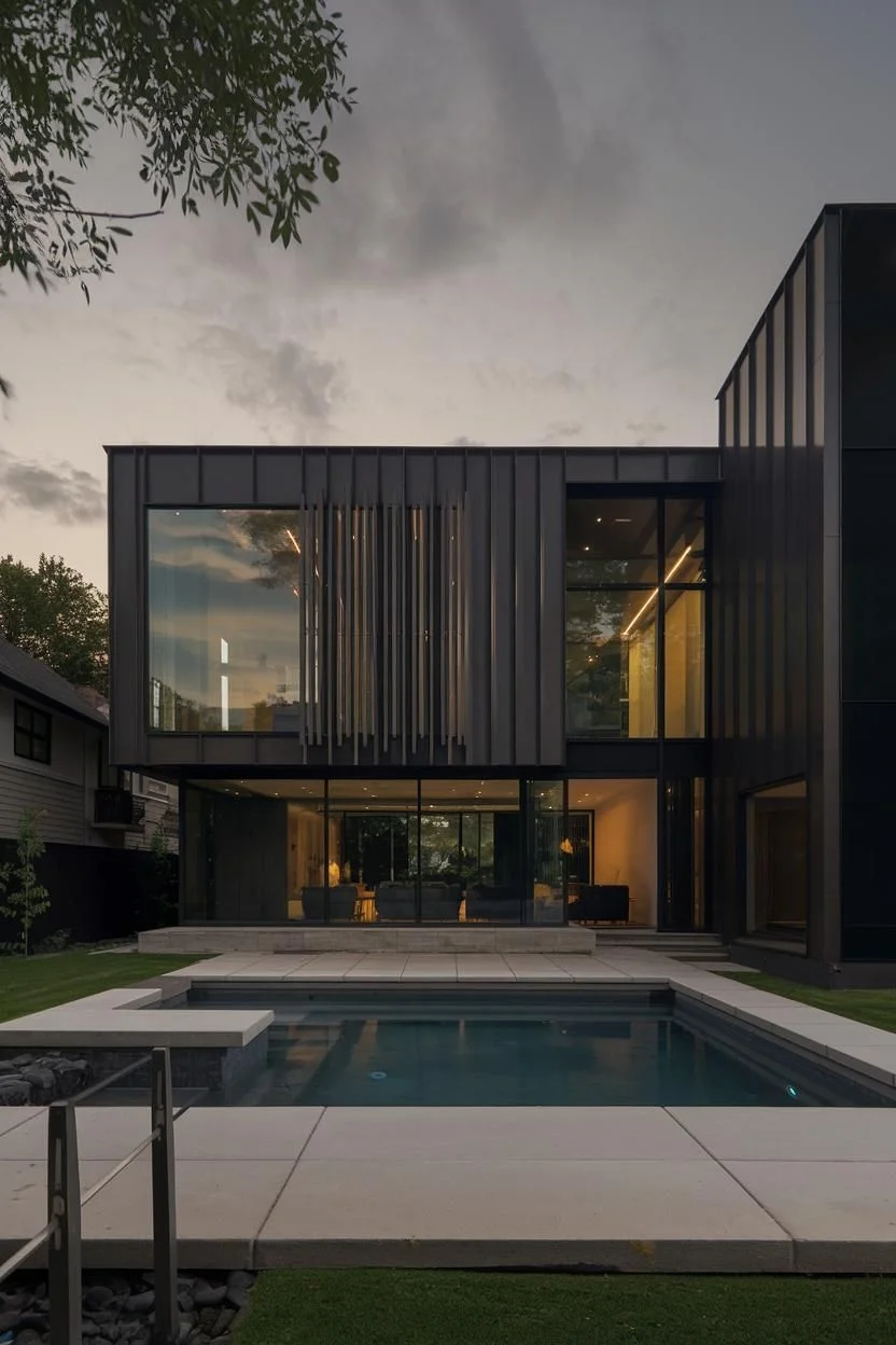 Sunset Poolside Beside a Sleek Facade