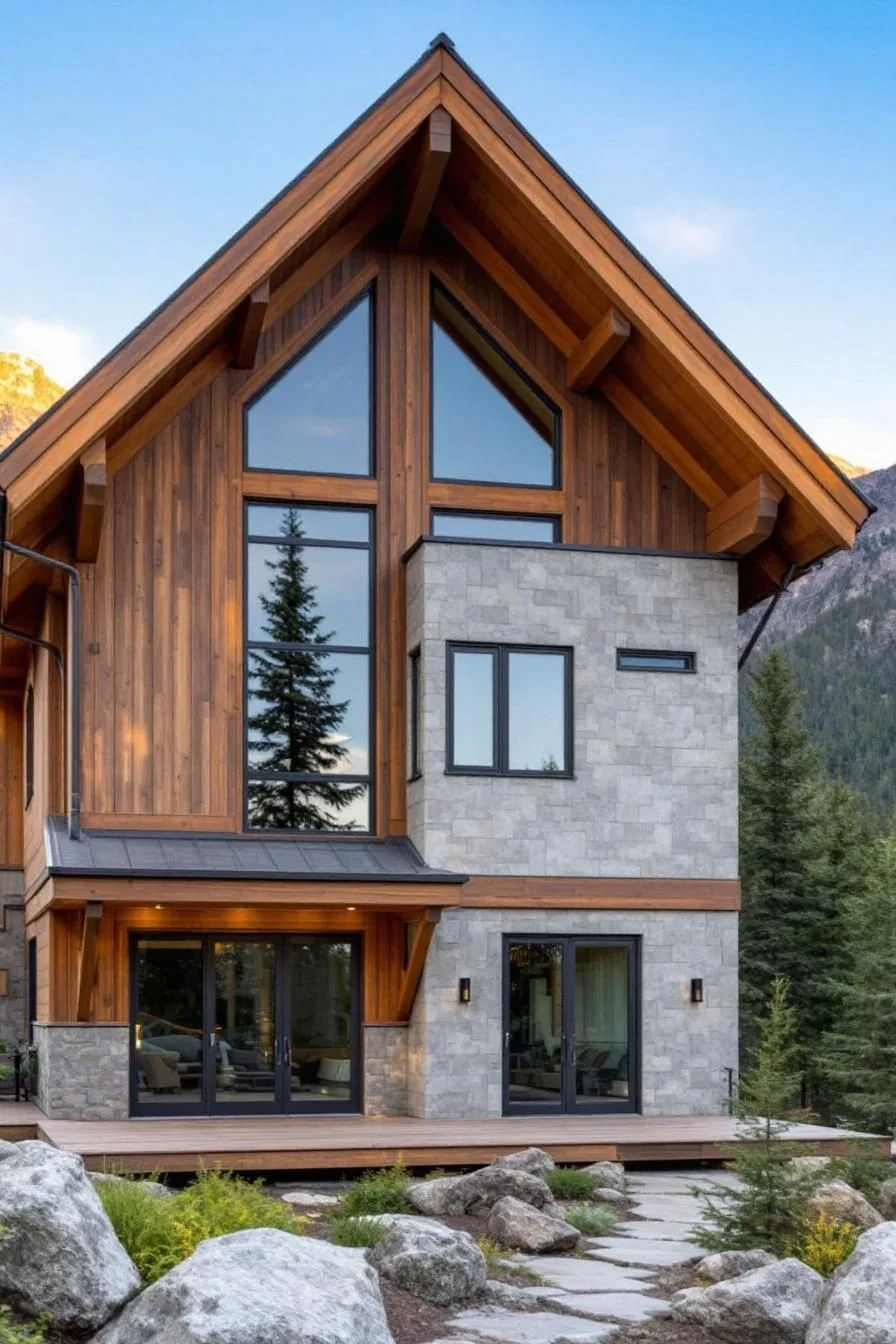 Peaked Pine Cabin with Stone Details