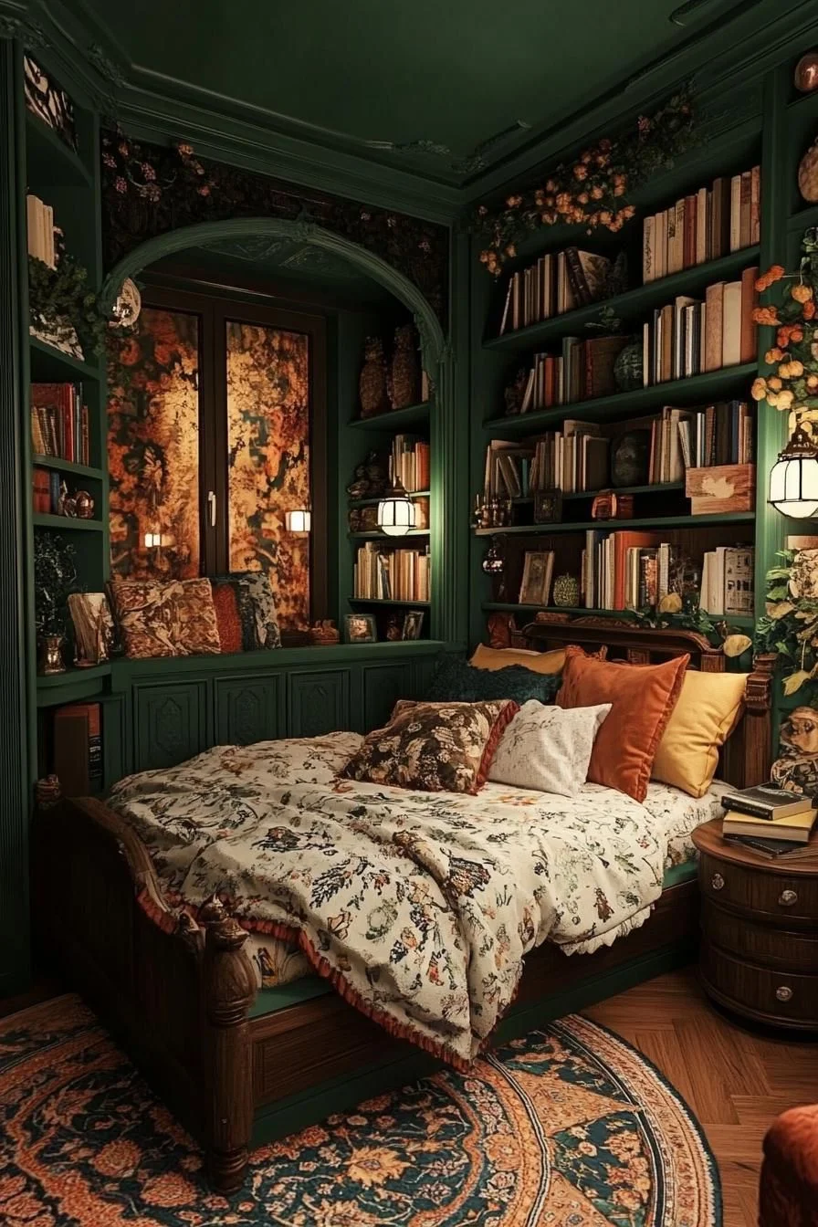 A Dark Green Bedroom Nook for Night Owls