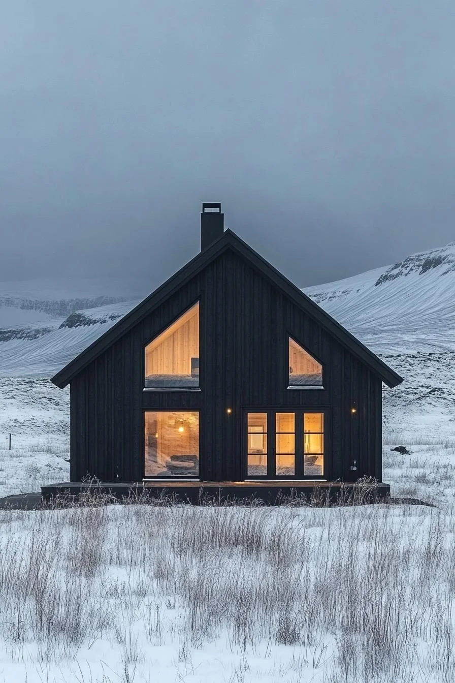 Black Gabled Barn House at Dusk