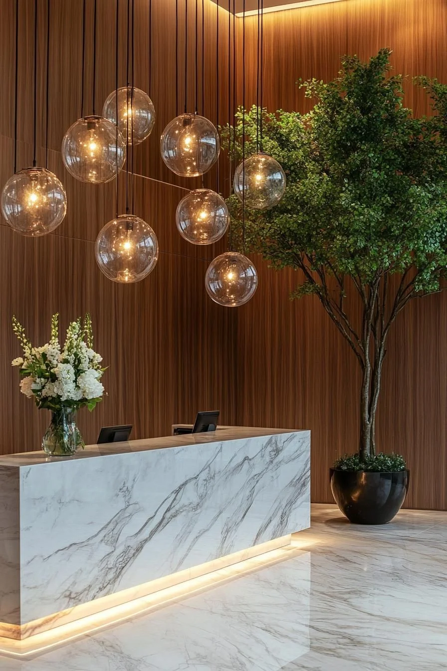 Marble Floors Under Glowing Orb Lights
