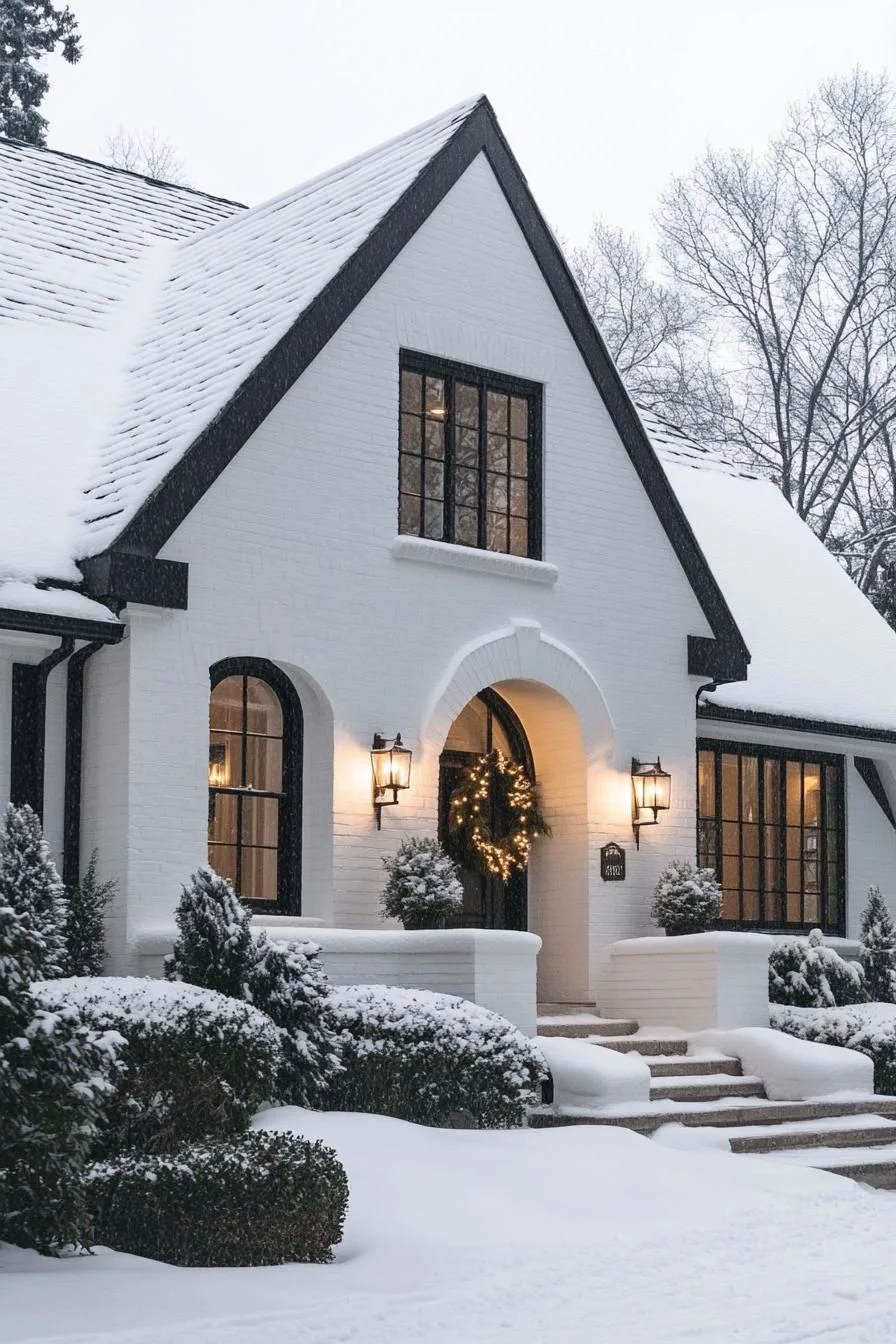 Snow-Covered White Brick Home