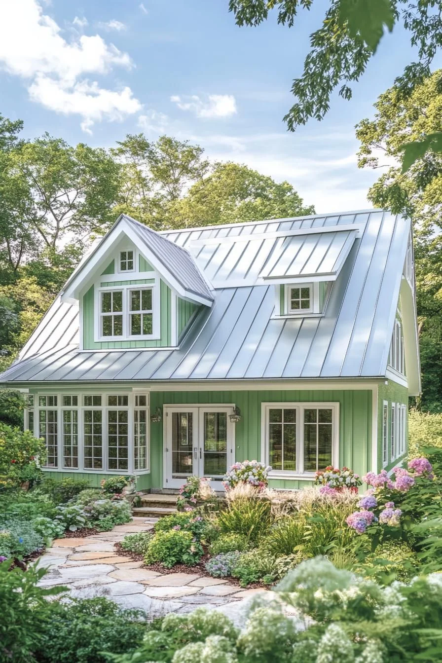 A Mint Green Home With a Silver Roof