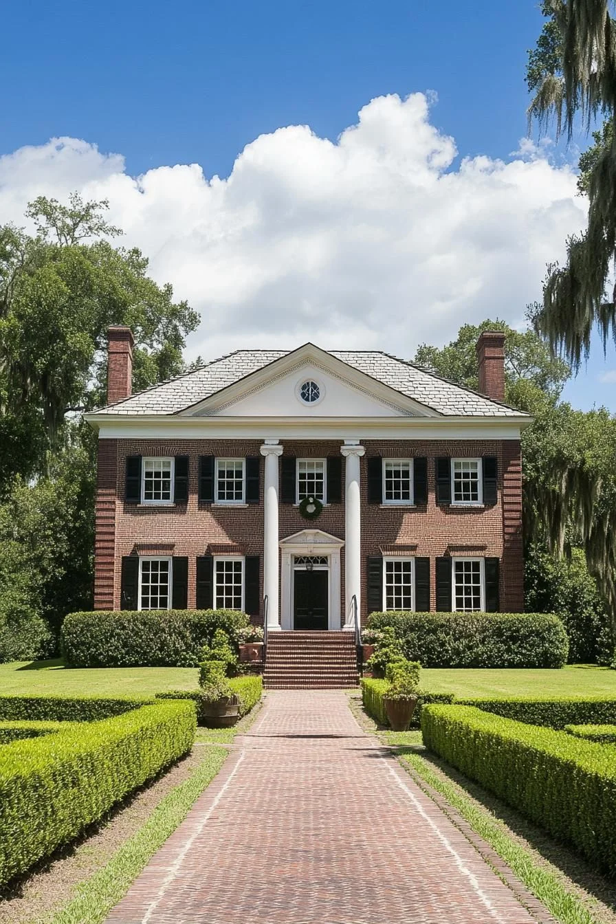 A Brick Home With Tall Front Pillars