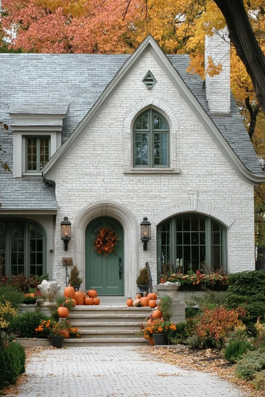 A Green Door Home Decorated With Pumpkins