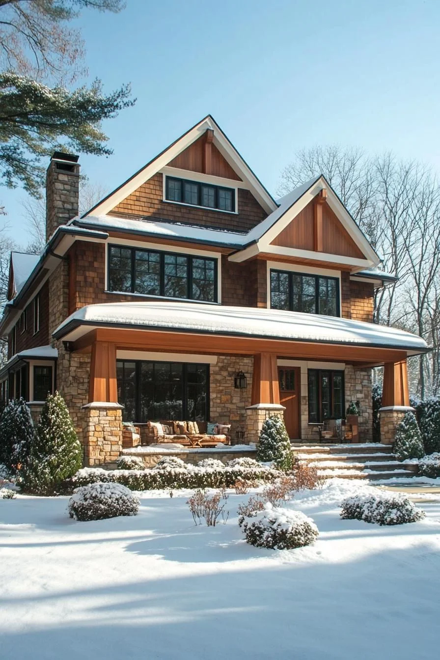 A Stone-Clad Craftsman Home in Winter
