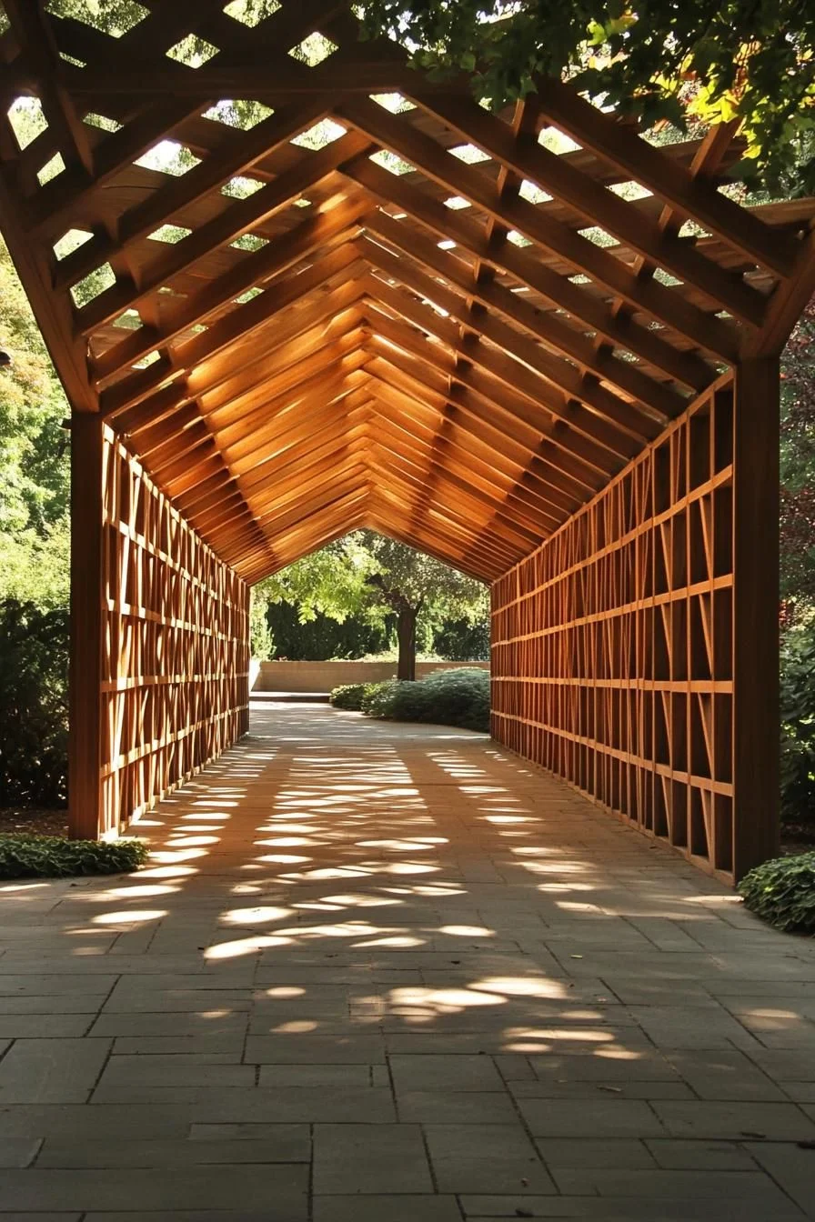 Sunlit Wooden Trellis Tunnel