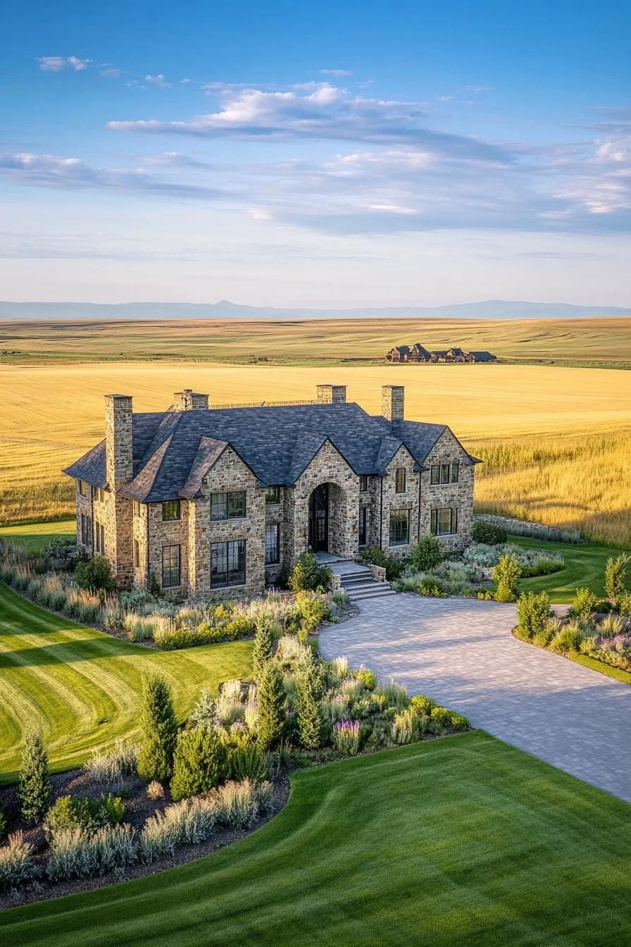 Luxury Stone Manor Surrounded by Golden Fields