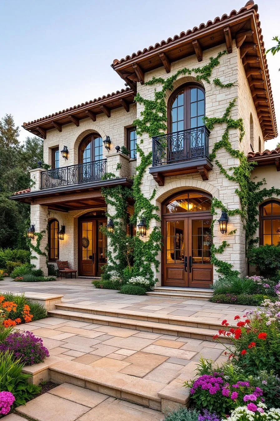 Vine-Covered Stone Facade Lines