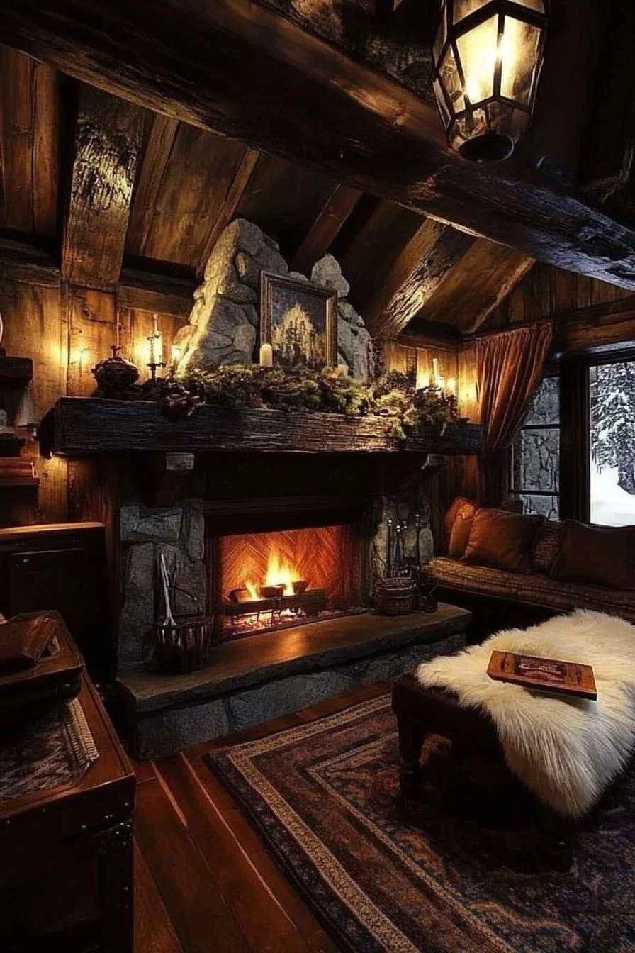 A Rustic Living Room With Glowing Embers