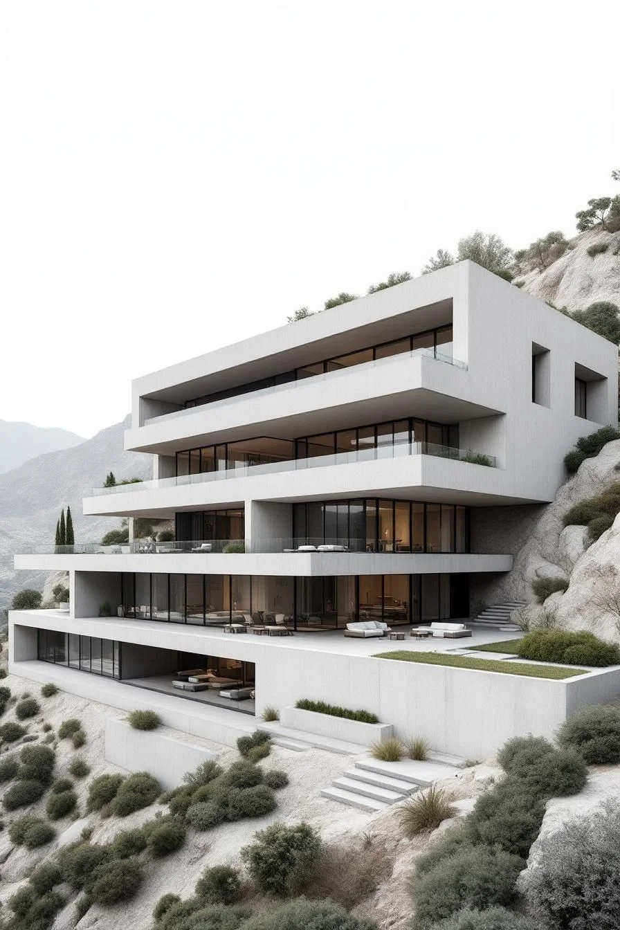 Layered Concrete Home Among Rocky Terrain