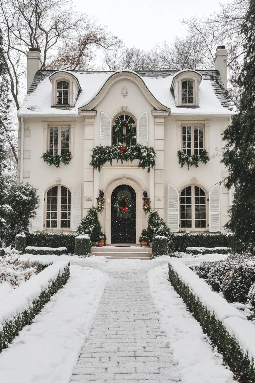 Symmetrical Snow-Covered Manor