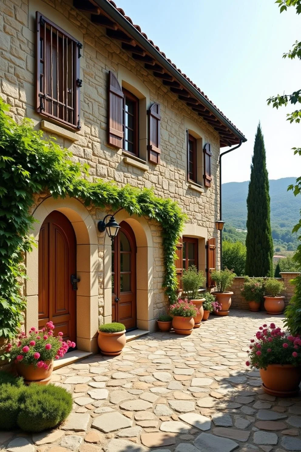 Stone Retreat Framed by Cypress Trees