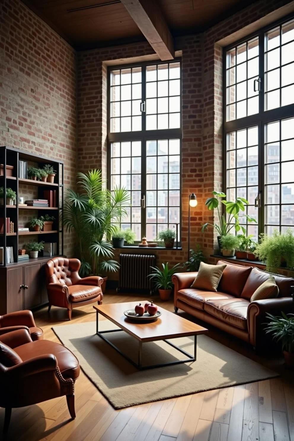 Loft Design with Plants and Leather Seating