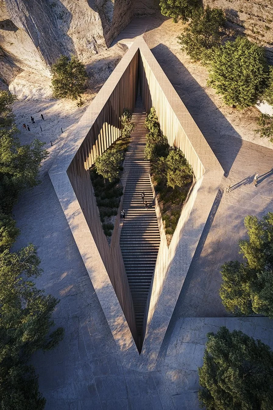 Triangular Pavilion Set Among Rocks