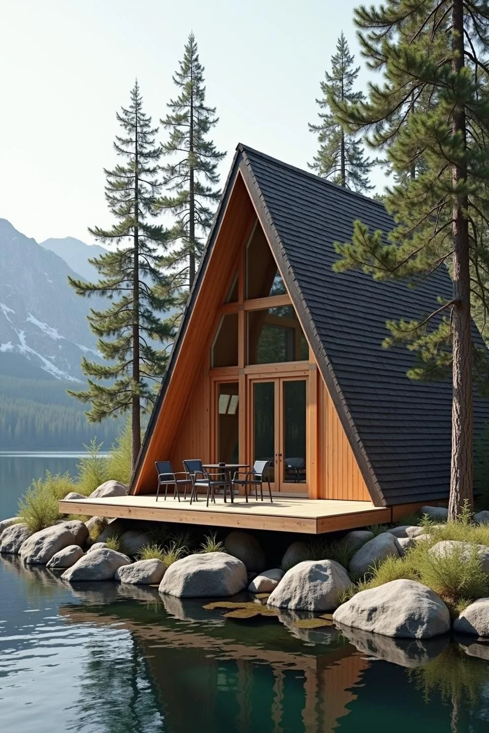 A Triangle-Roofed Cabin by the Lake