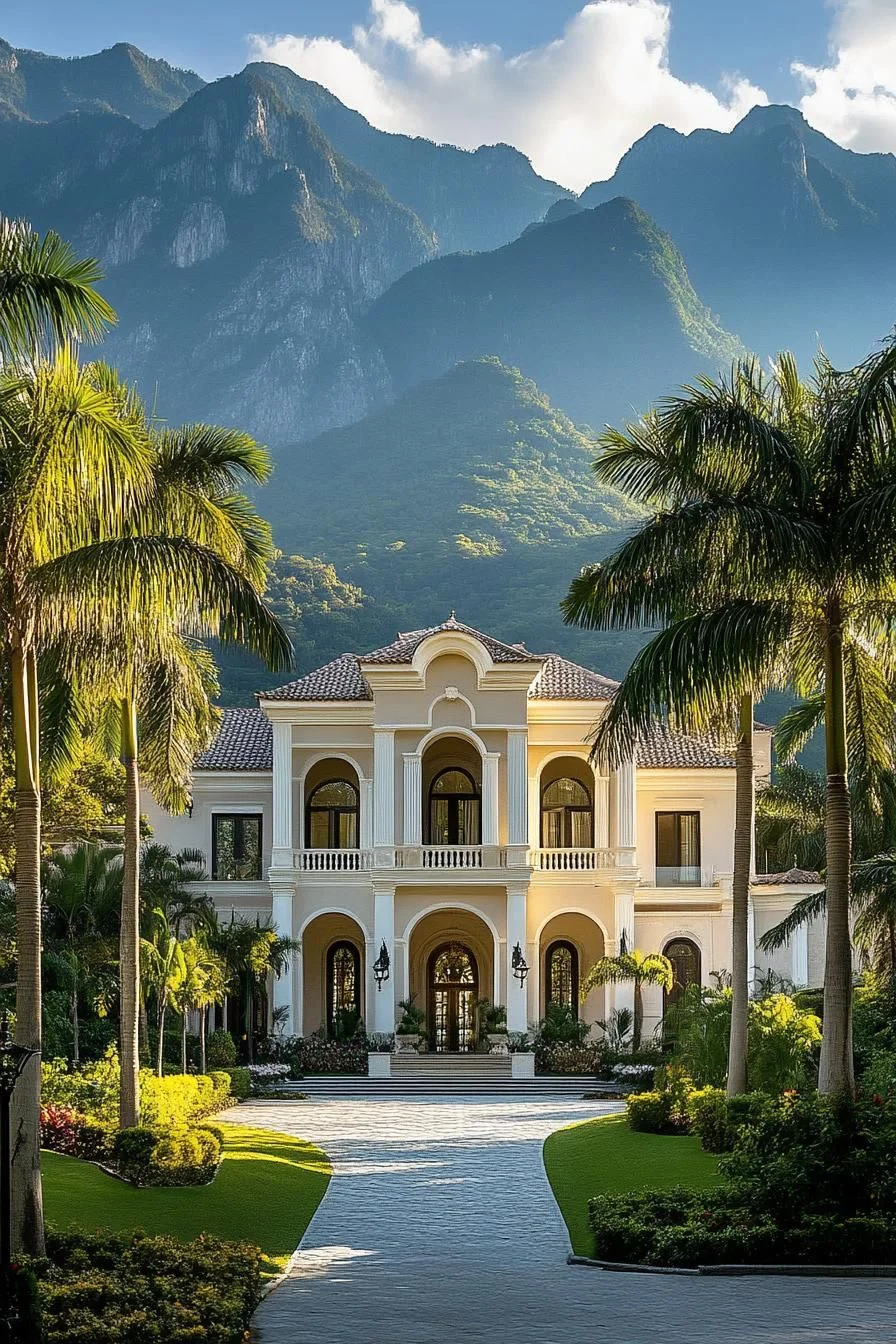 Tropical Mansion With Mountain Backdrop