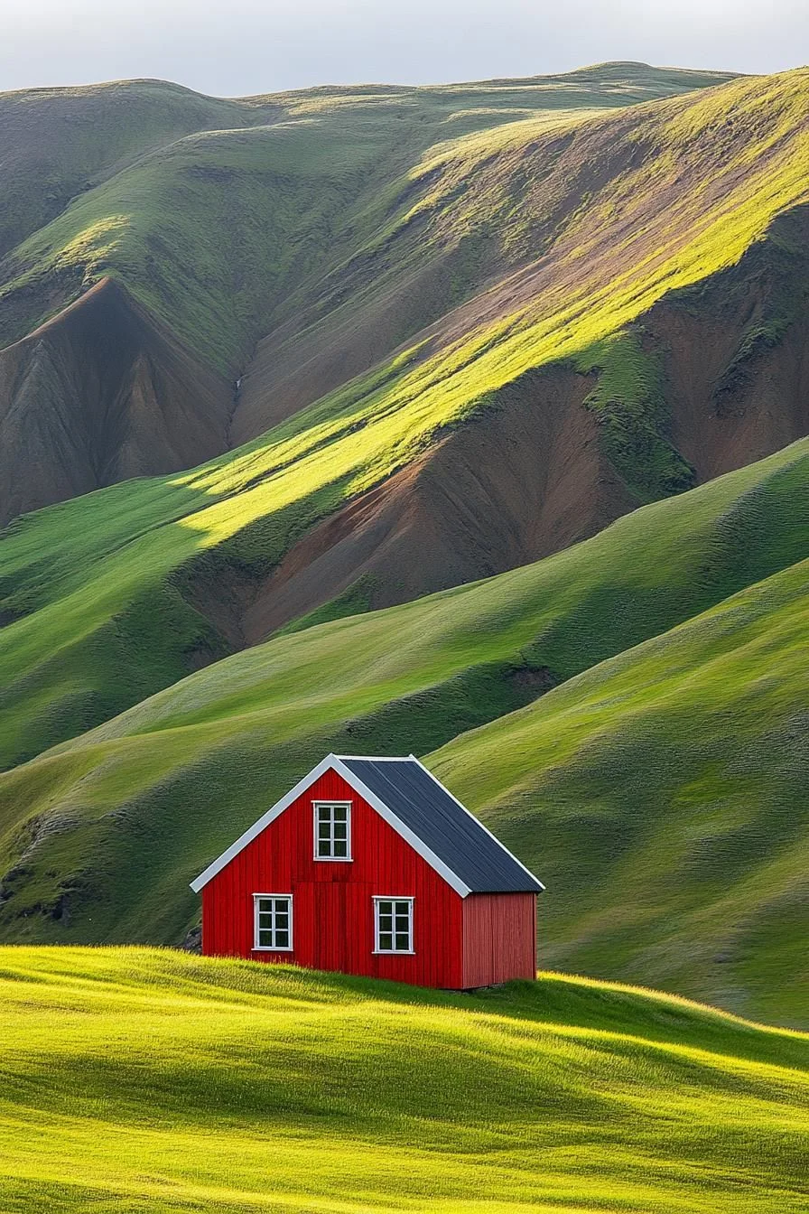 A Red Cabin Surrounded by Green Water