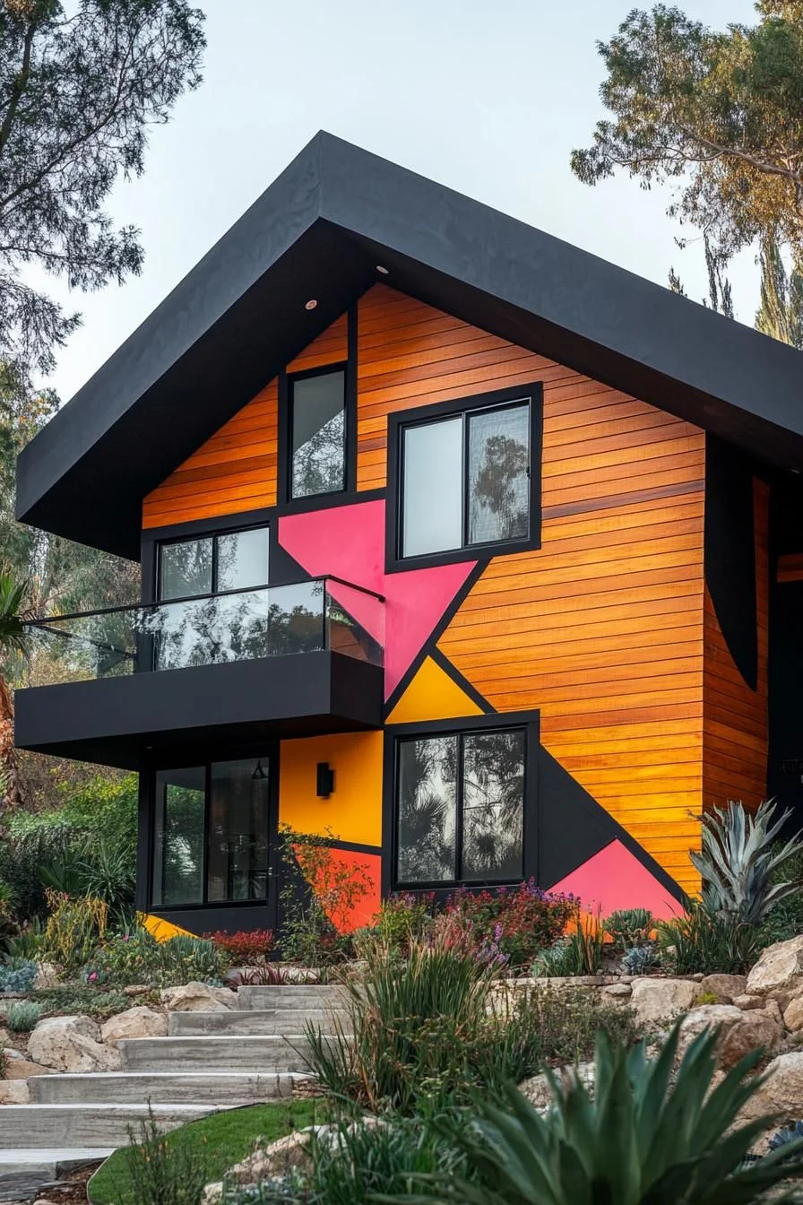 Timber Facade with Colorful Triangles