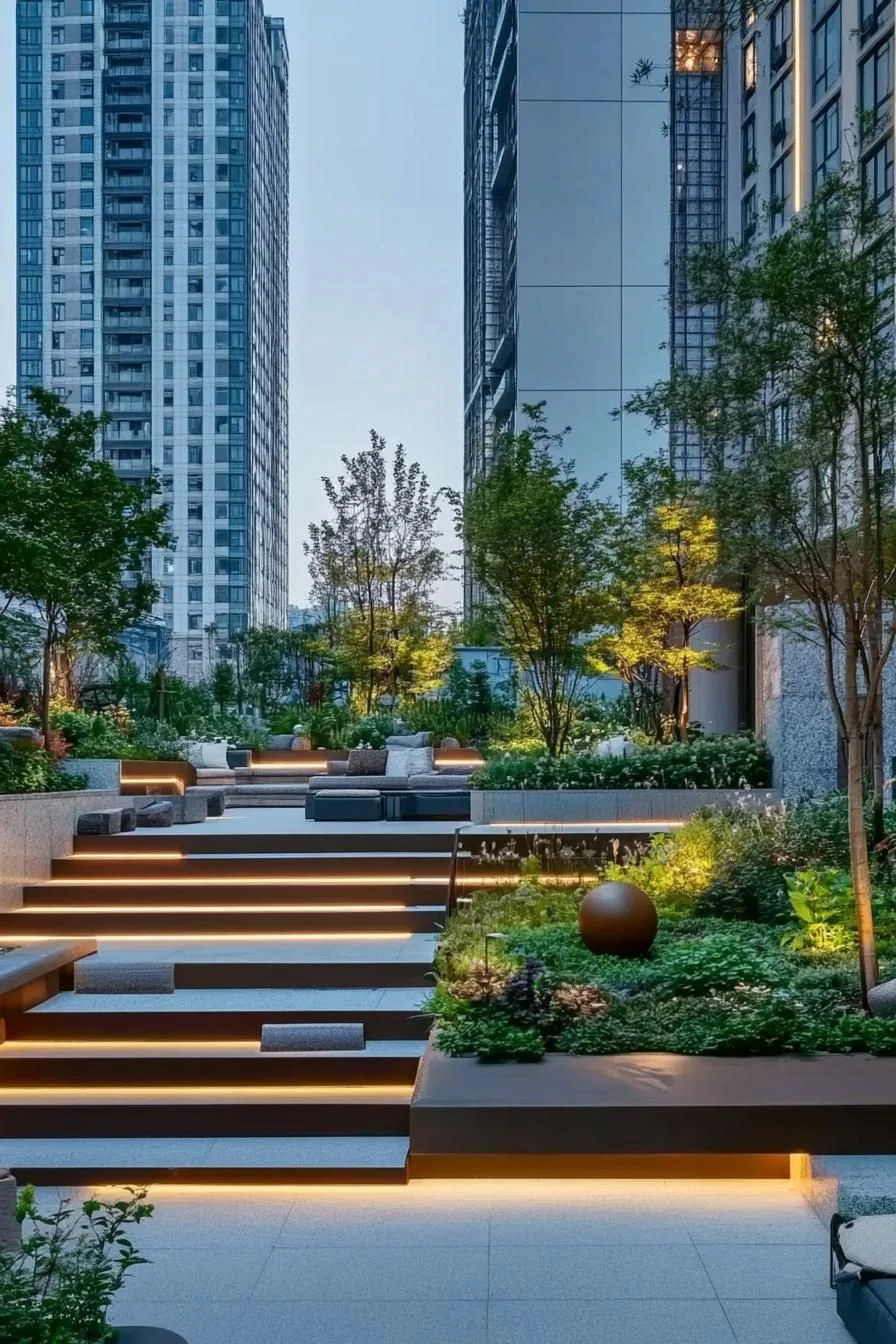 Lit Steps in an Urban Garden Lounge