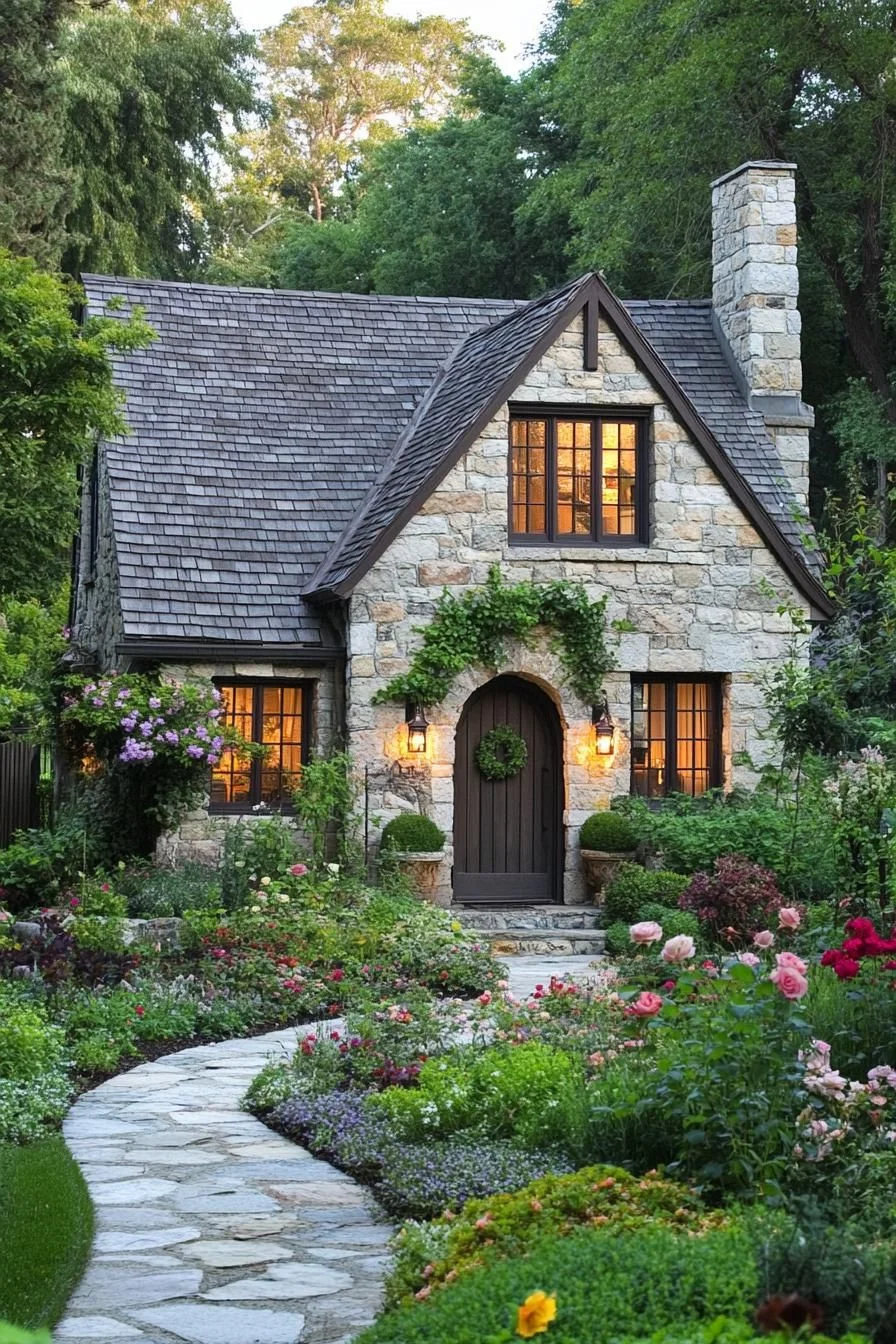 A Stone Cottage Framed by Flowers