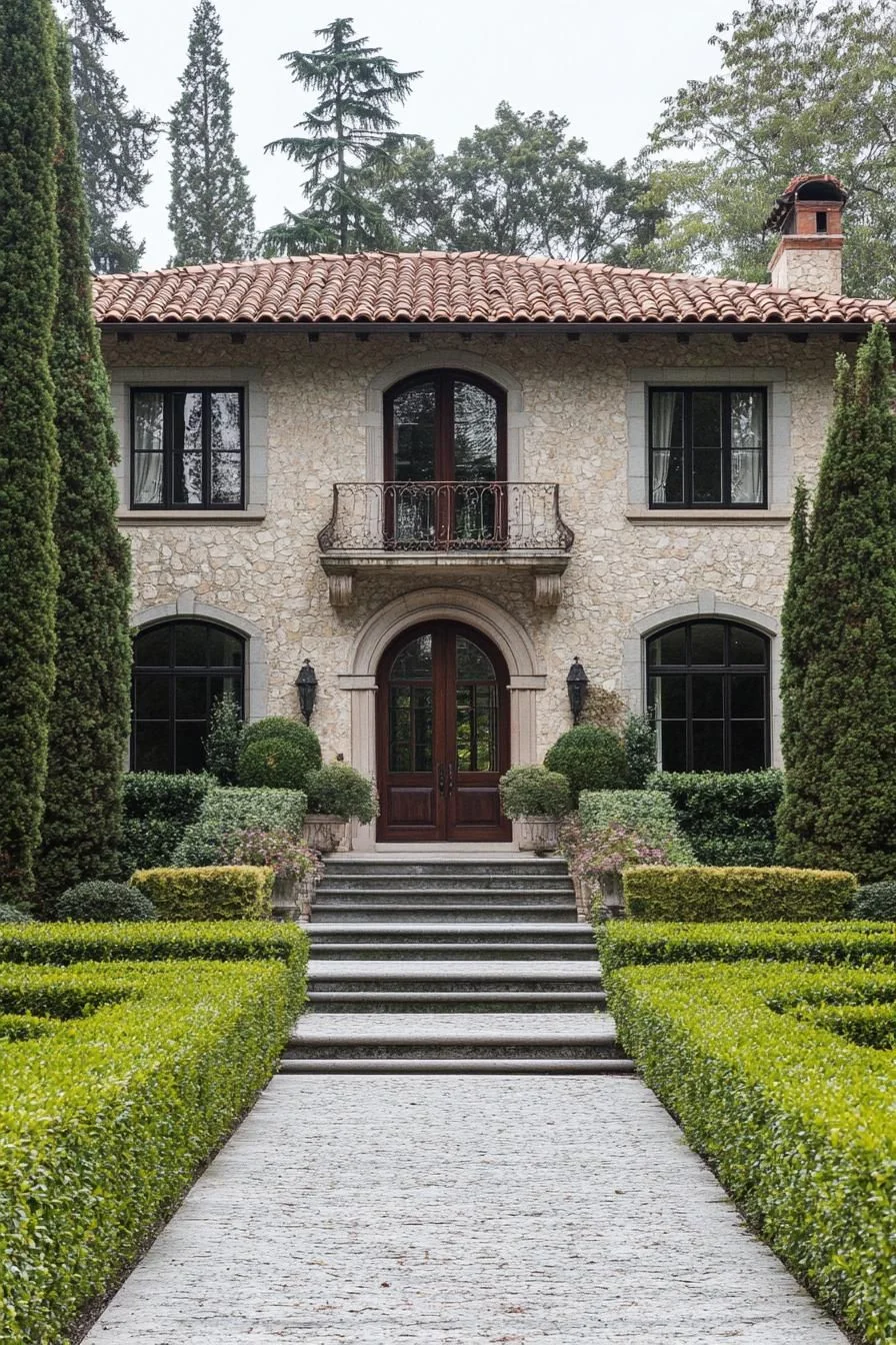 Garden-Framed Stone Facade
