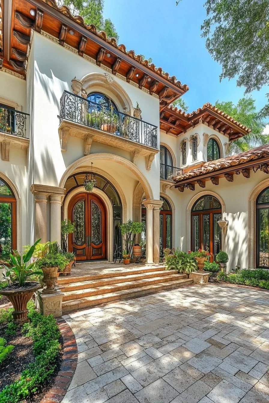 A Mediterranean Villa with Sunlit Archways and Greenery