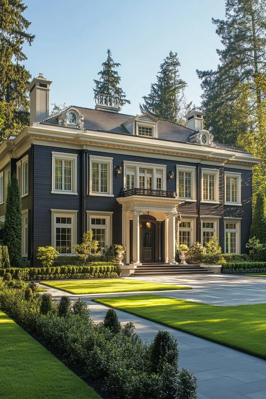 A Dark-Toned Manor Framed by Pines